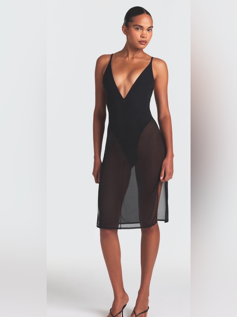 SKIMS Black Sheer Mesh Slip Dress - Women's Intimates